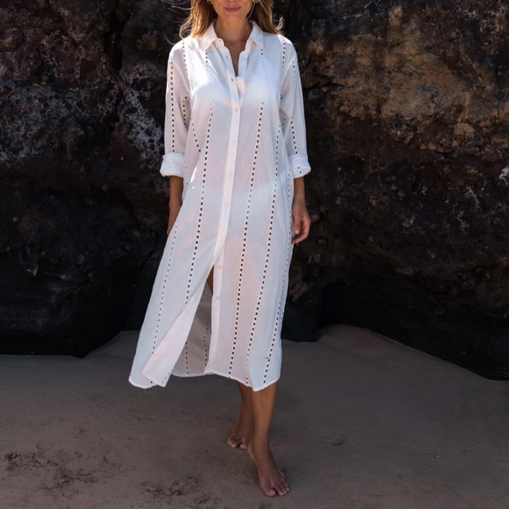 Sitano Positano Coverup Shirt Dress Size S Women Long Sleeve Cotton Button White